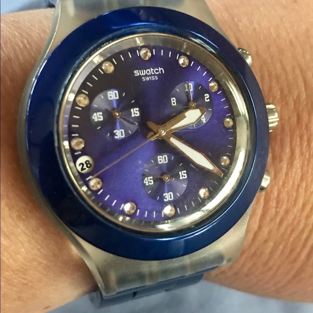 Swiss Swatch Blue Metal Band with Rhinestone Watch